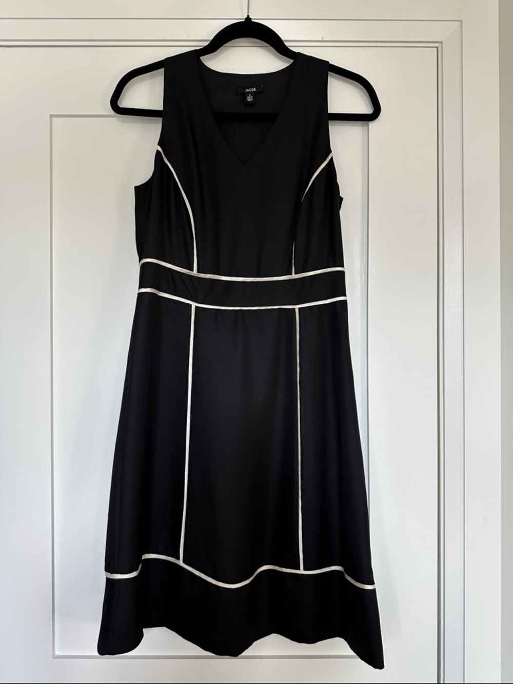 Jacob Black Silk Midi Dress with Cream Piping